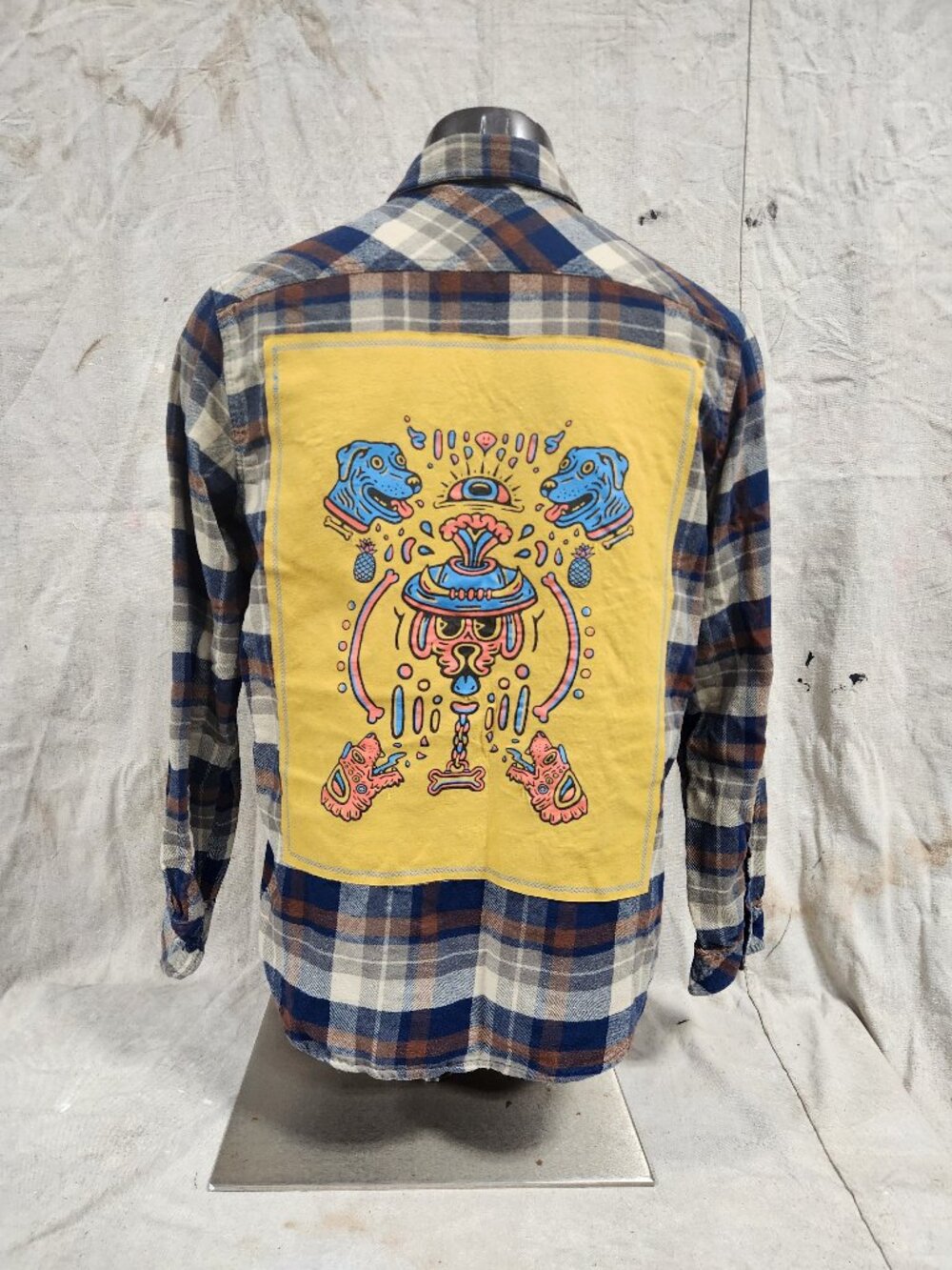Burnside Flannel Upcycled With Dogs In A Pile T-Shirt Back Patch